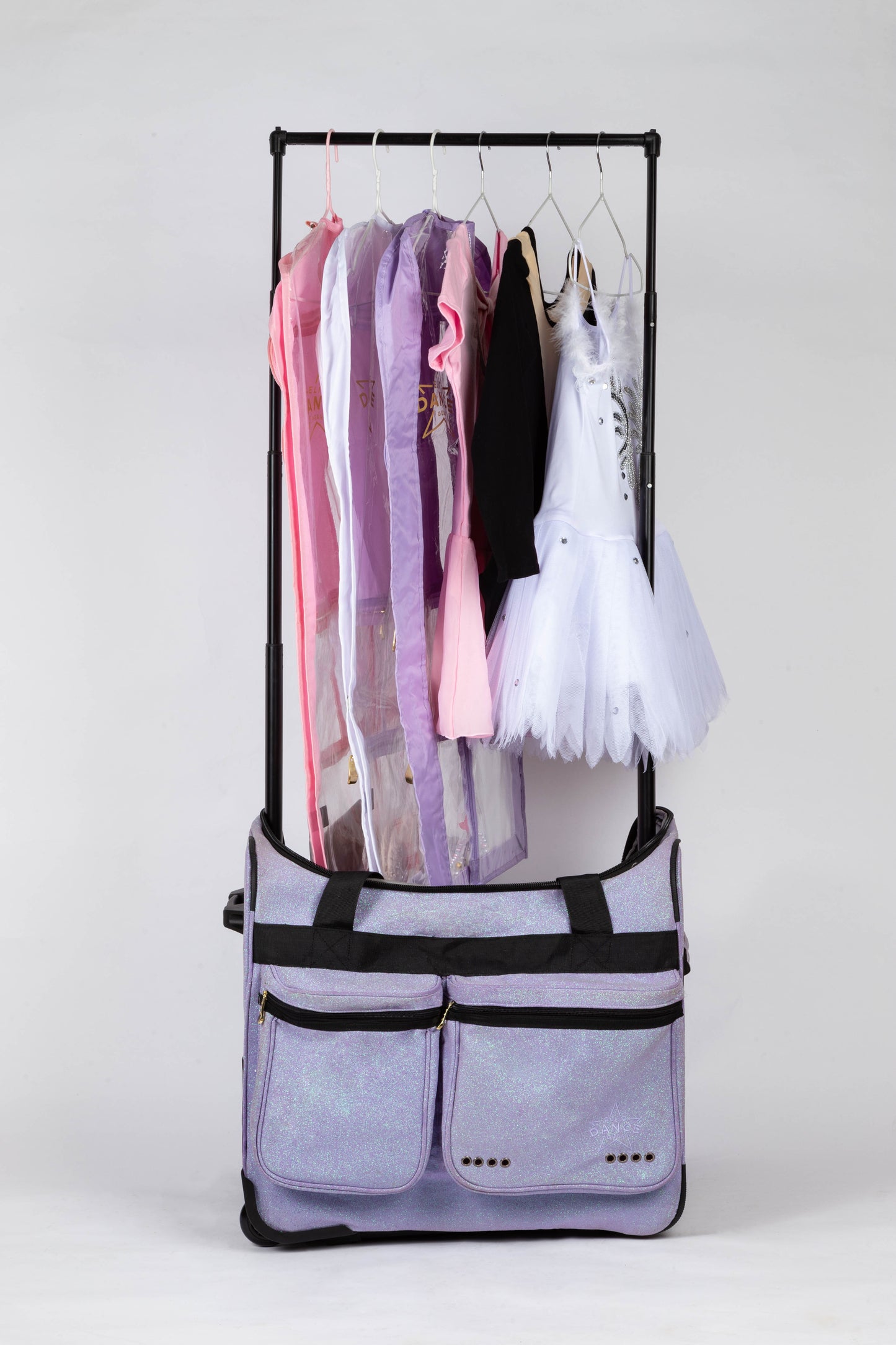 [Premium Glitter Fabrics] "EZRack" 20-inch Dance Duffel with Garment Rack (BONUS: Include one FREE Garment Bag)