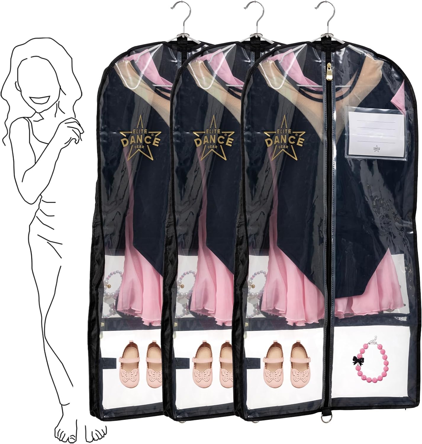 Dance Costume Garment Bag, Double Sided, 35" - Set of 3 (Black,Pink, Purple,White)