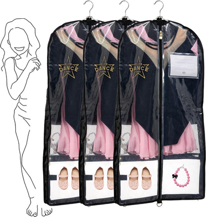 Dance Costume Garment Bag, Double Sided, 35" - Set of 3 (Black,Pink, Purple,White)