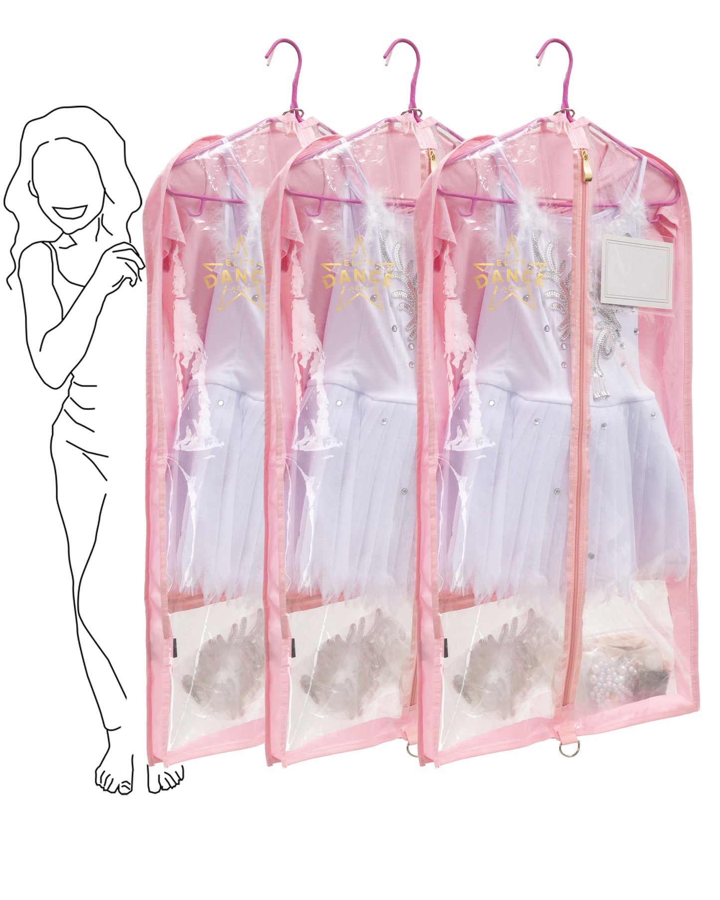 Dance Costume Garment Bag, Double Sided, 35" - Set of 3 (Black,Pink, Purple,White)